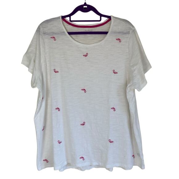 Kim Rogers Curvy Plus Size 2X Slub Cotton T-shirt White w Flamingo Embroidery - Picture 1 of 15